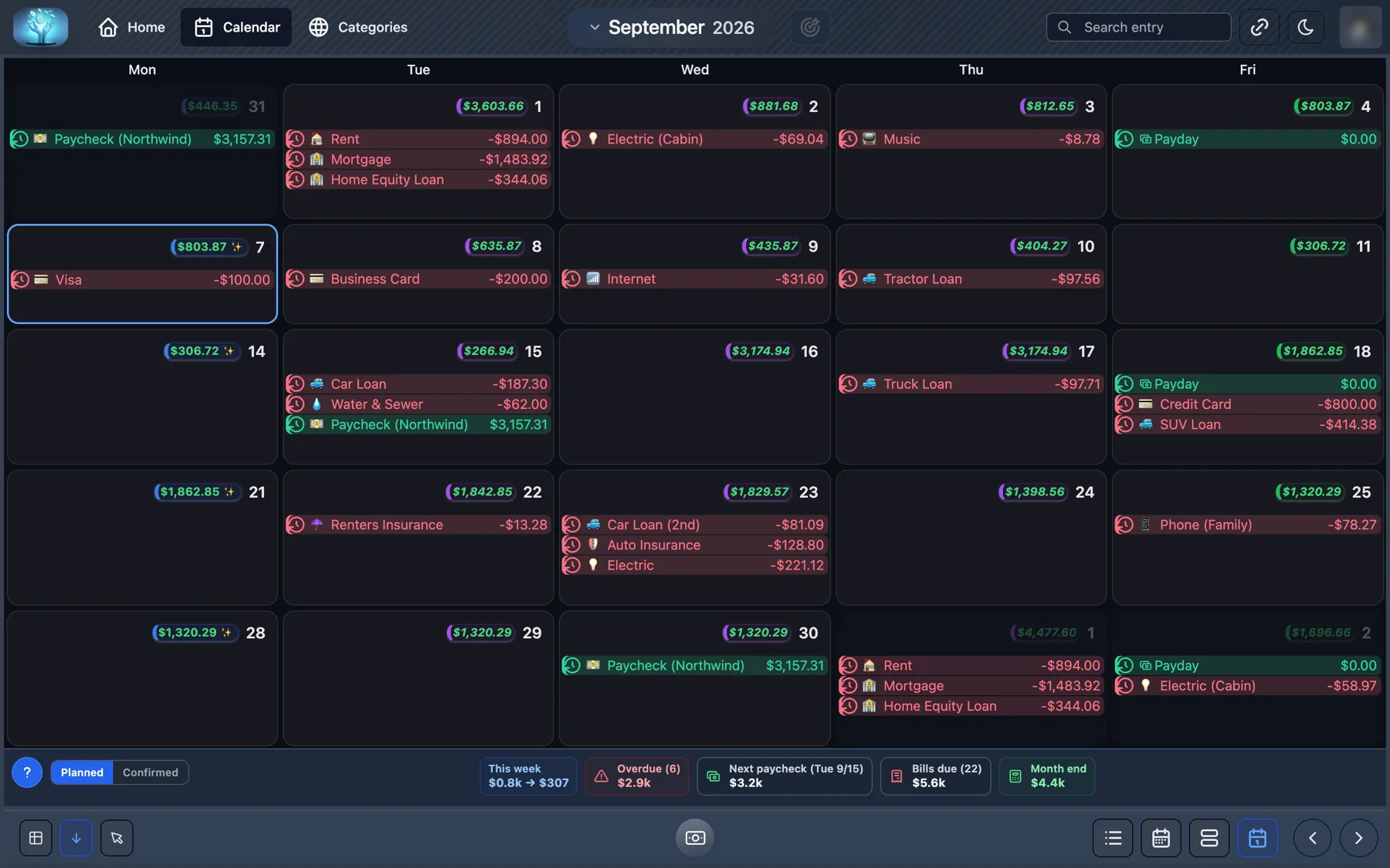 The Fudger month view: a weekday calendar grid where each day carries a running balance badge and colour-coded income and expense rows, with a summary bar along the bottom.