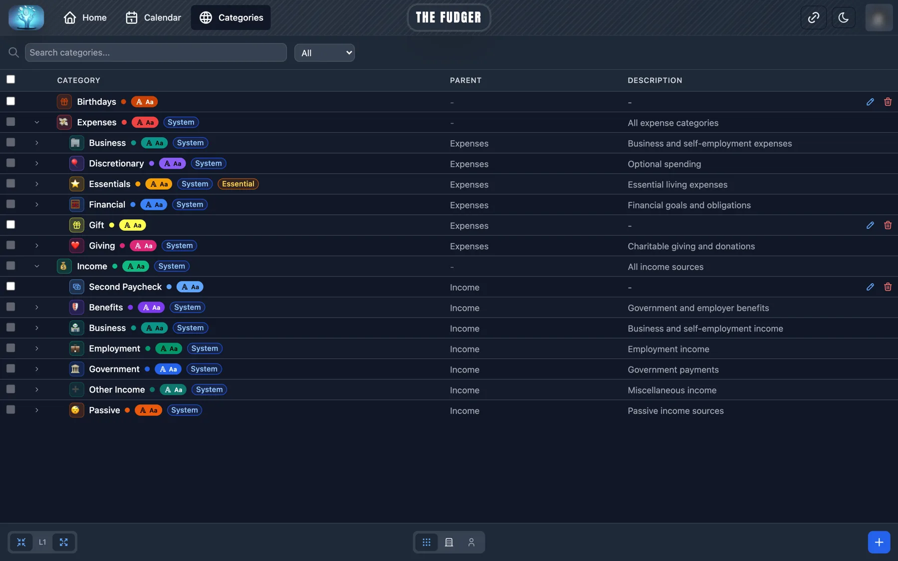 The Fudger categories screen: a hierarchical table of income and expense categories with colour swatches and system badges.
