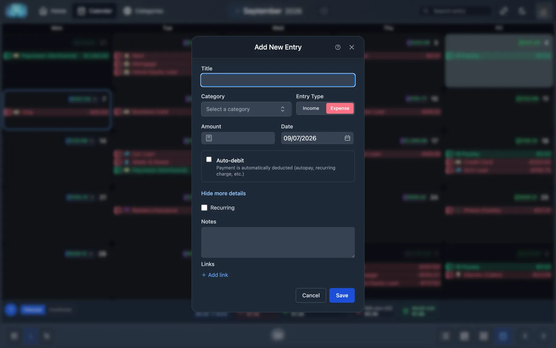 The Fudger add-entry dialog showing title, category, entry type, amount, date, an auto-debit toggle and a recurring option.