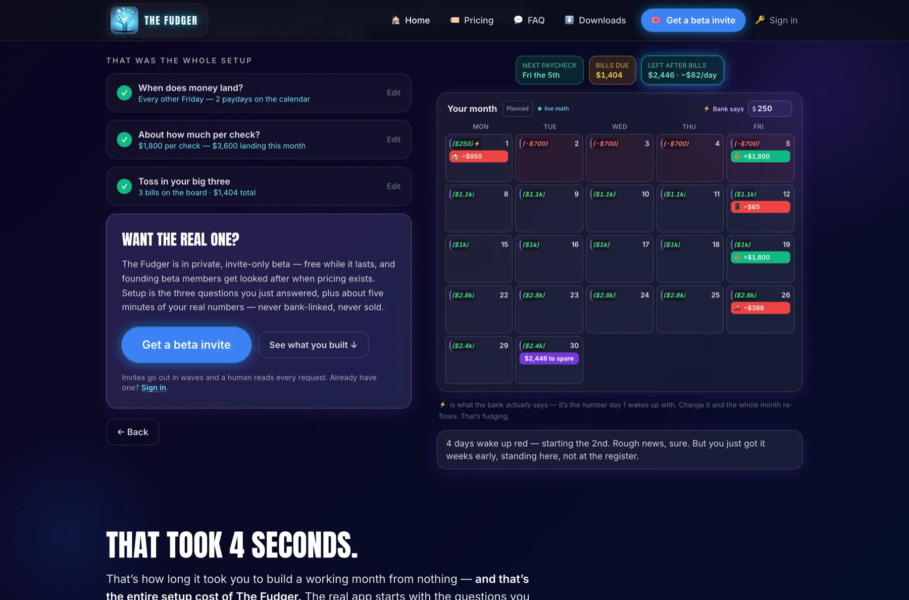 The Fudger marketing site playground: three answered setup questions on the left and a generated month calendar with paydays and bills on the right.